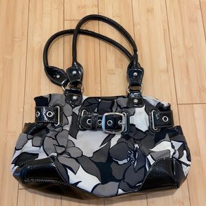 Mondani Black & White Floral Fabric & Patent Leather Bag